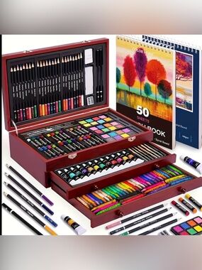 178 Wooden Art Supply Set with Colorful Paints & Pencils